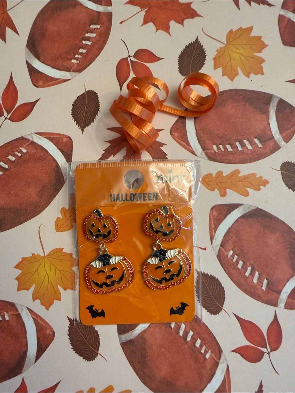 Mint Blingy Pumpkin Dangle Earrings w/Black & Crystal Accents